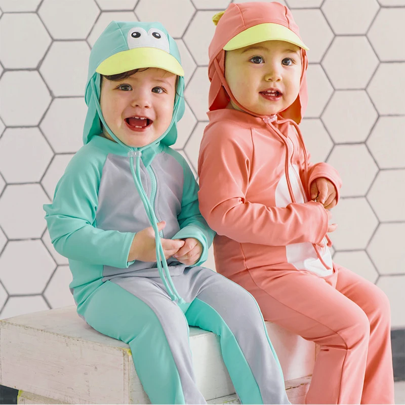 Baby Swimwear One-piece Bathing Suit Boys Girls Swimsuit Long Sleeves and Pants Sun Protection Surf Suit with Sun Hat