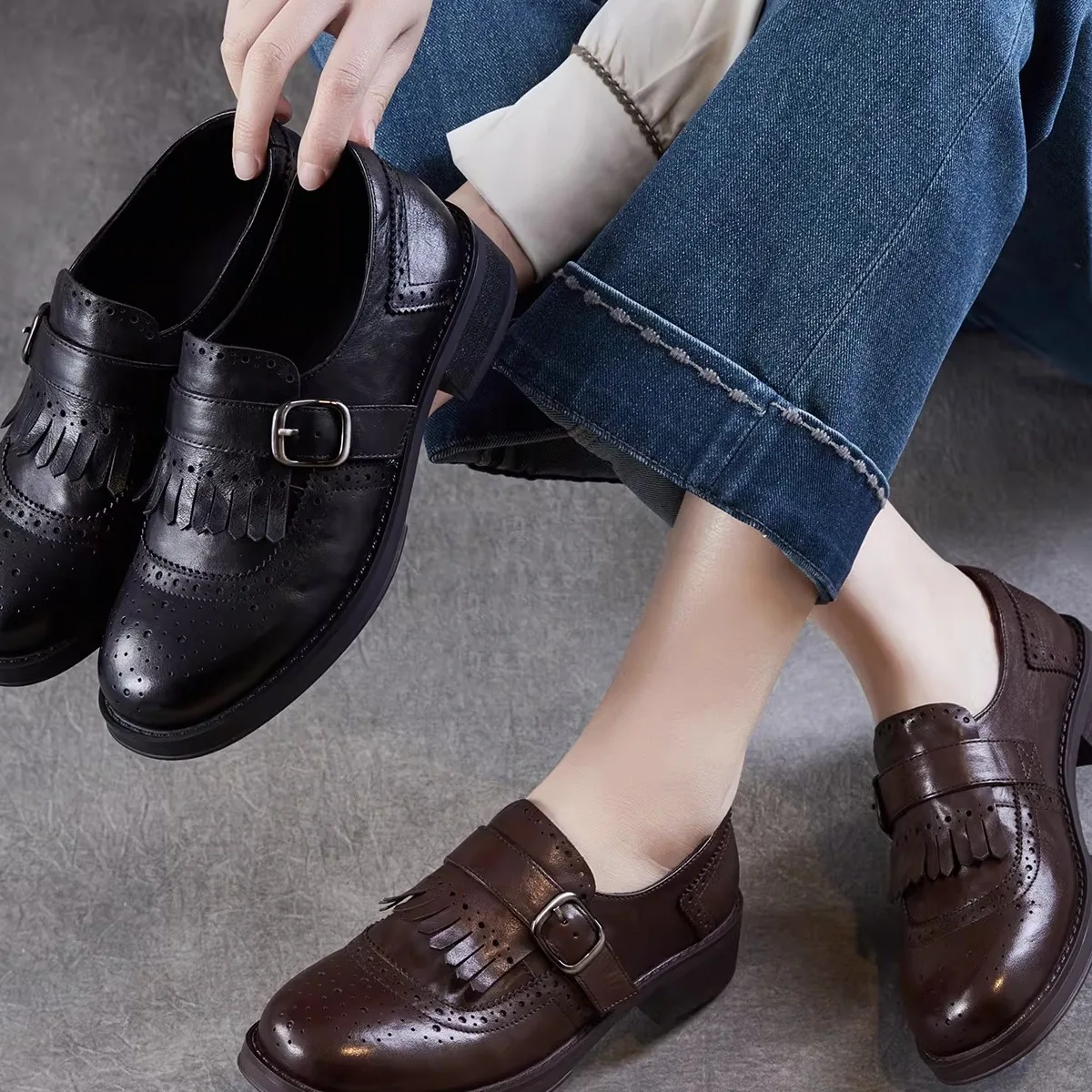 

Women's Commuter Tassel Loafers First Layer Cowhide Block Heel Fashion Single Shoes round Toe mid Heel Rubber Outsole