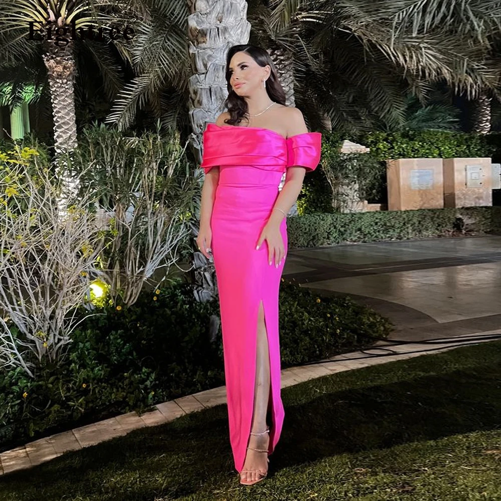 

Eightree Hot Pink Long Off Shoulder Evening Dresses Short Sleeves Formal Club Party Night Dress Prom Gown Arabic Robe de Soiree