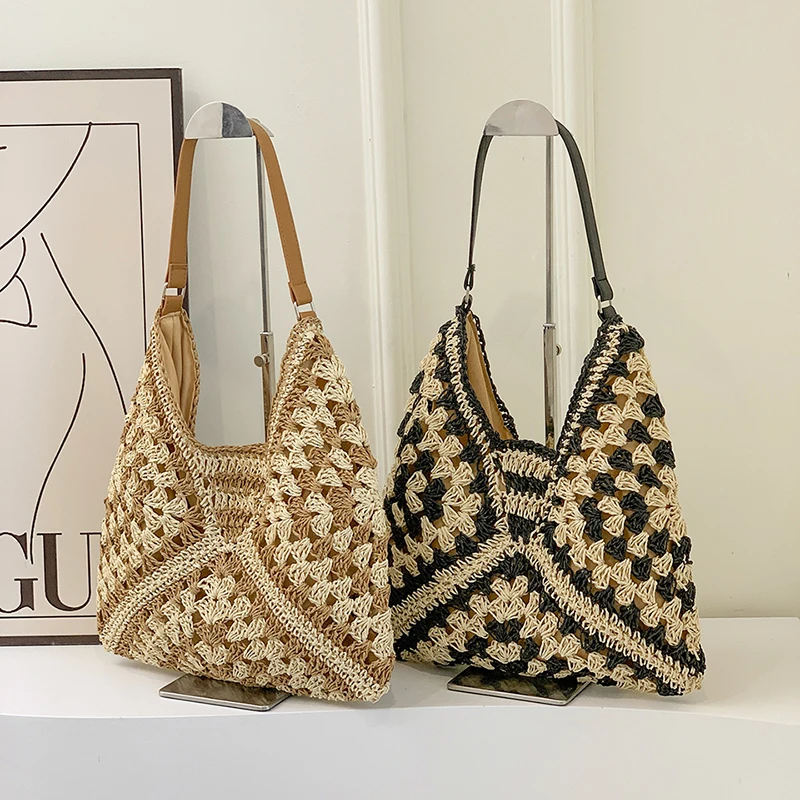 MOODS Straw Woven Shoulder Bags For Women Geometric Large Capacity Shopper Totes 2024 Summer New Travel Beach  Handmade Handbags