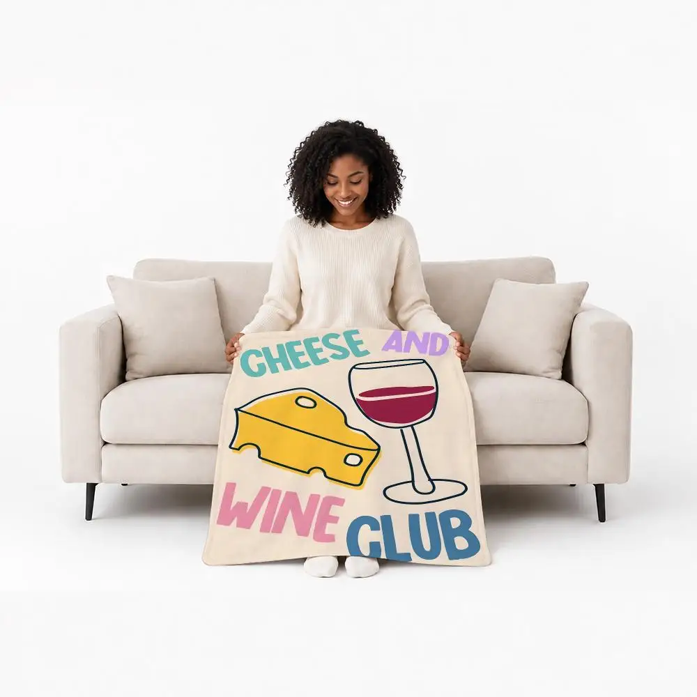 Vintage Food Wine and Cheese Club Throw Custom Printed Flannel Fleece Blanket for Sofa Bed Office Travel & Camping