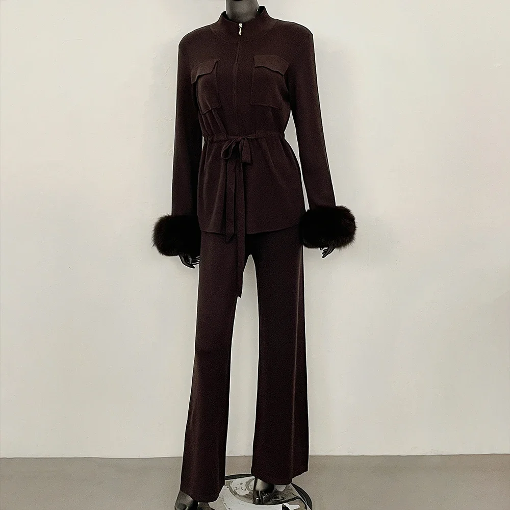 OFTBUY Neuer Luxuriöser Eleganter Winter-Loungewear-Anzug für Damen 2-Teiliges Gestricktes Trainingsanzug-Set Echte Fuchspelz-Jacke mit Taillenzugband für Frauen – Detail 7