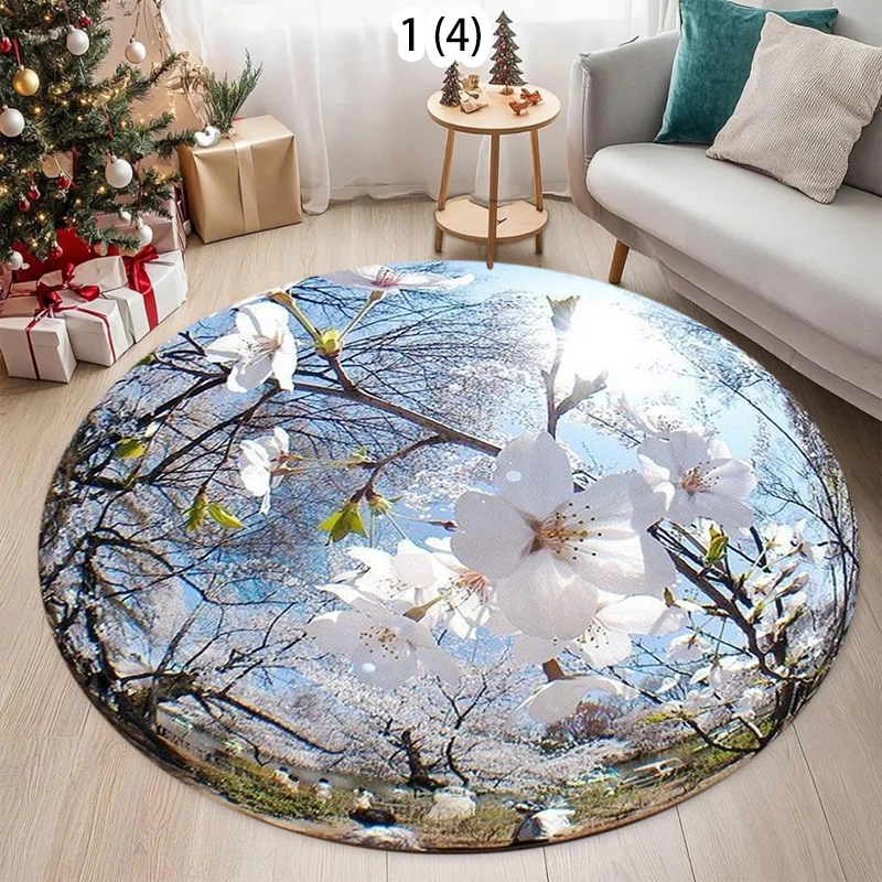 Nature Scenery Round Area Rug Cherry Blossom Daisy Print Non-slip Decorative Carpet for Living Room Bedroom Cozy Soft Floor Mat