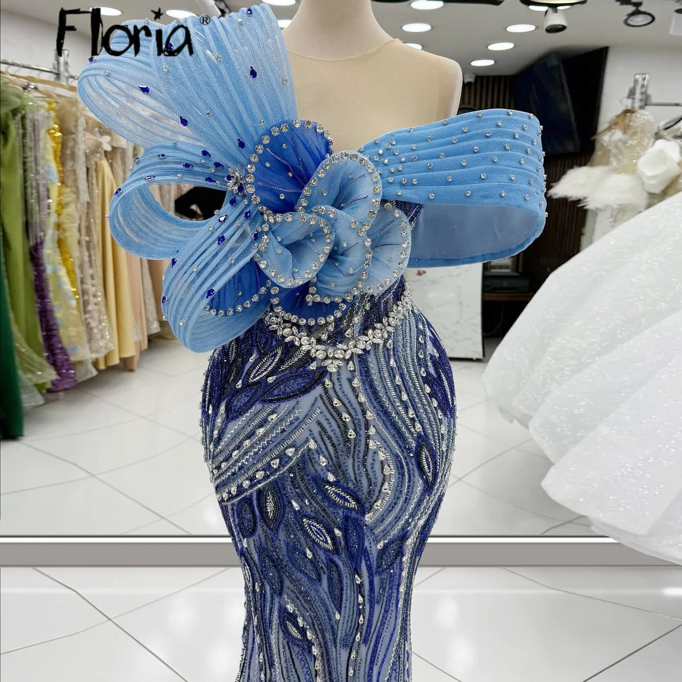 

Floria синее вечернее платье русалки женские халаты арабские 3D цветочные аппликации хрустальные вечерние платья платья de noche на заказ