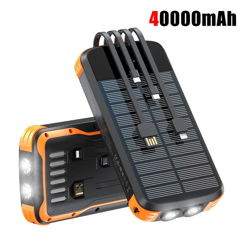 

40000mAh Solar Power Bank with 4 Cable Portable Charger Powerbank for iPhone 15 Samsung S24 22.5W PD 20W Fast Charging Powerbank
