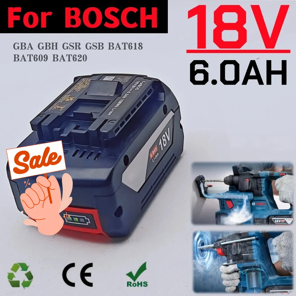 

18V Li-ion Battery 6.0Ah for Bosch Replacement Battery Professional System Cordless Tools BAT609, BAT609G, BAT618, BAT618G