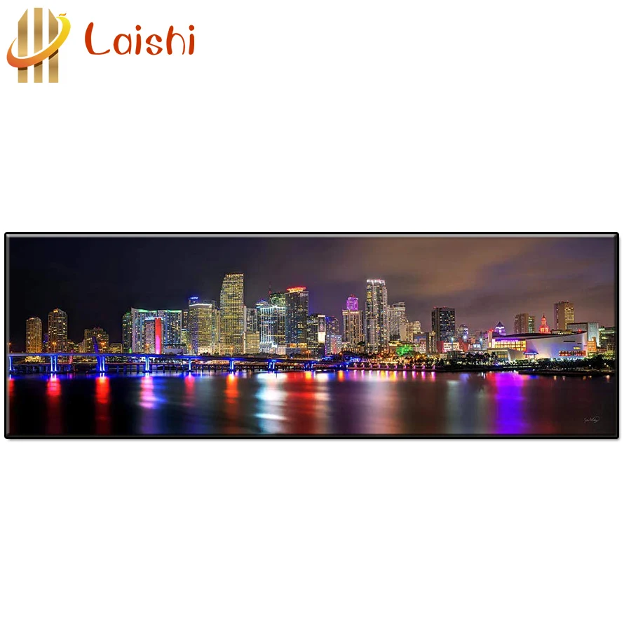 DIY Miami Skyline by Night Diamond Painting, Full Round, Square, Large Size, Cross Stitch, Mosaic Home Decor, 5D