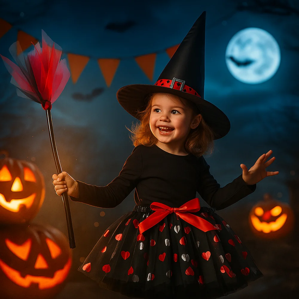 3Pcs/set Wizard Childern Halloween Costumes Broom Pointy Hat Witch Dress Set Short Skirt Costume Cosplay Props