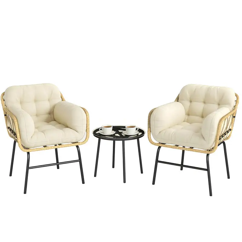 Salon de Jardin Extérieur 3 Pièces en Résine Tressée, Table et Verre Trempé, 2 Fauteuils avec Coussins, 62x73x79cm, Kaki