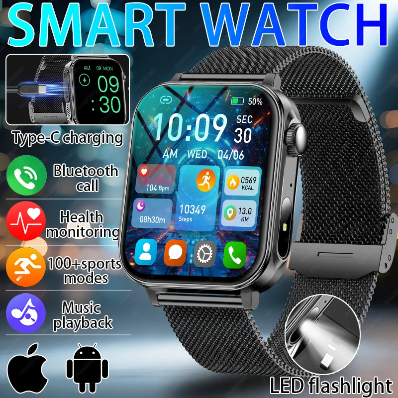 

New Men's Smartwatch 100+ Sports Mode Health Monitoring Full Screen Touch LED flashlight Bluetooth Call Smart Watch IOS Android