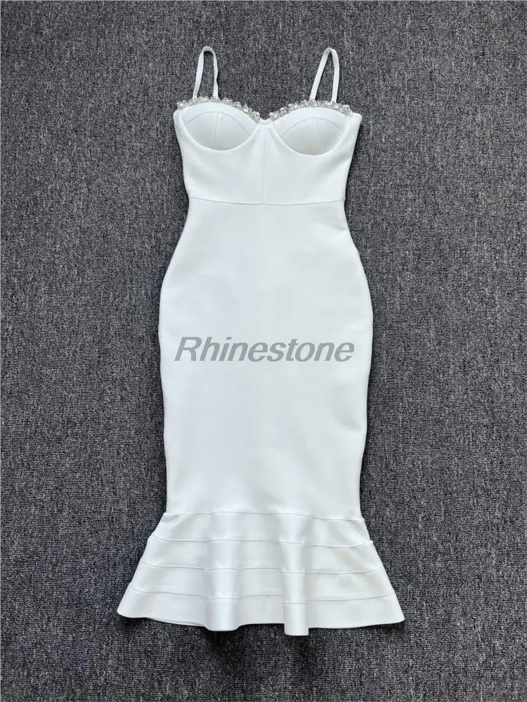 New Luxurious Diamond Studded Sexy Low Cut Fishtail Strap Dress With Elegant Temperament And Bandage