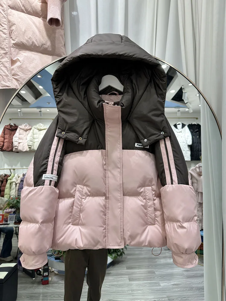 2025 new color blocked down jacket women's short hooded Korean version white duck down bread jacket warm jacket trend