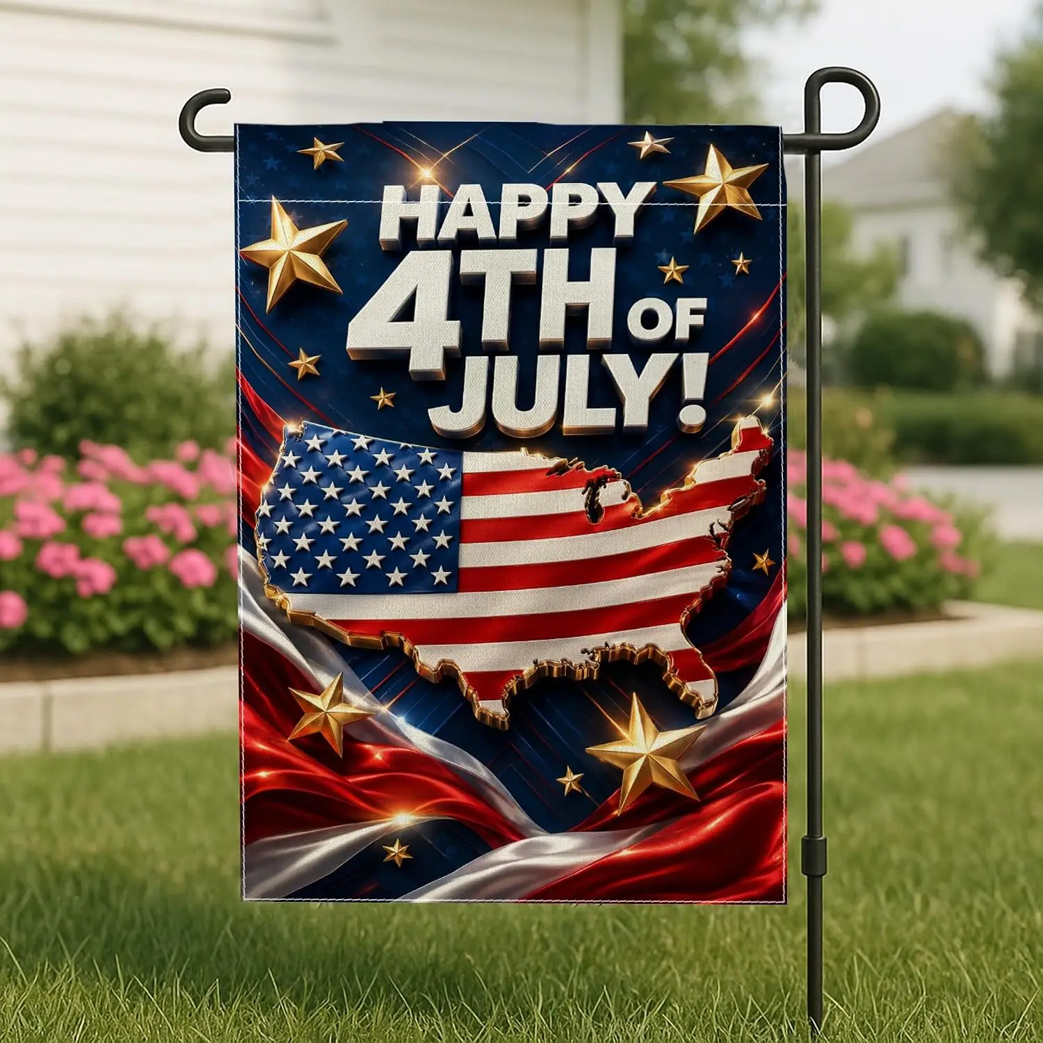 Map Garden Flag, Patriotic Festive Stars Stripes Independence Day Red Burlap Double Sided Yard Decorative Flags for Outdoor  kkz