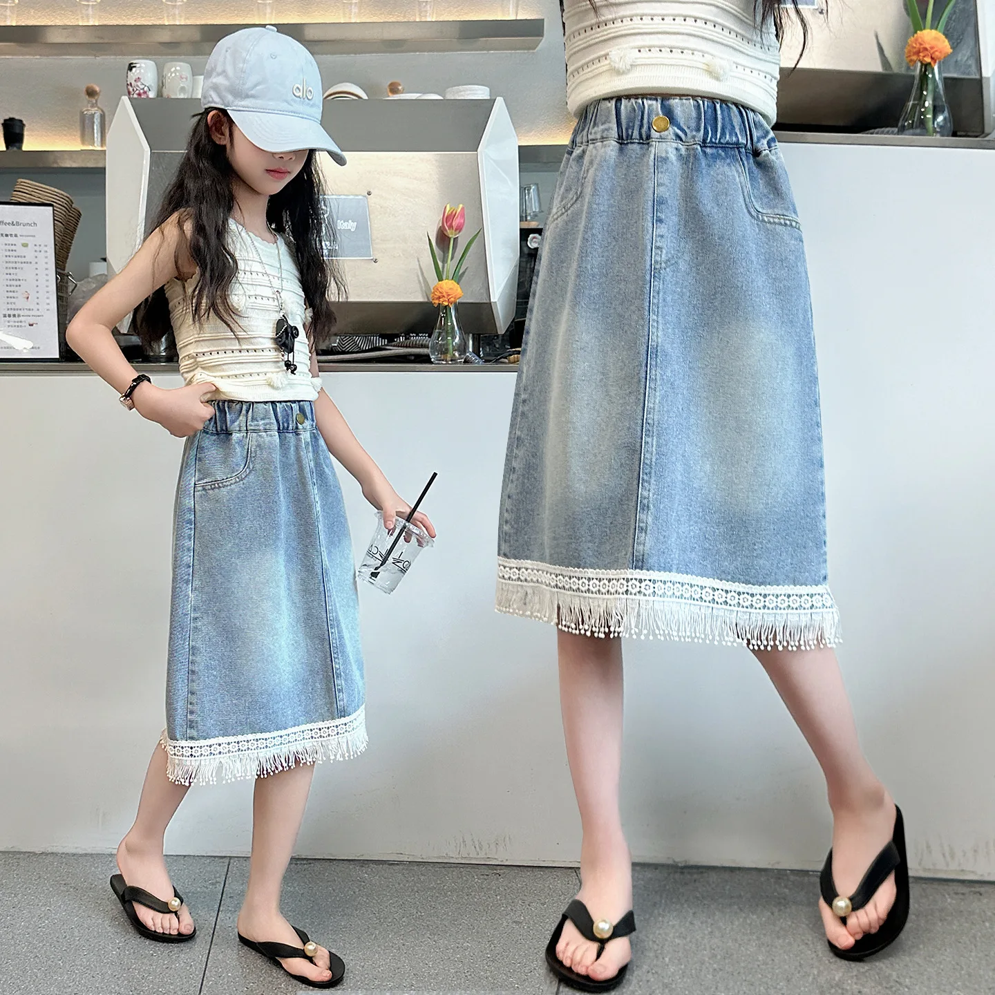Girls' Denim Short Skirt Summer New Style Girls' Fashionable and Versatile Teens Children's Tassel Lace Denim Skirt Half Skirt