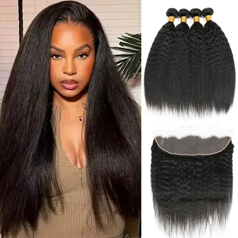 Brasileiro kinky em linha reta pacotes de cabelo humano com 13x4 laço frontal e pacotes remy natural yaki em linha reta 4 pacotes com frontal