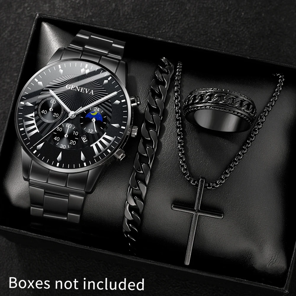 4pc men's fashionable quartz watch and versatile accessory set for daily wear as gifts for friends and family