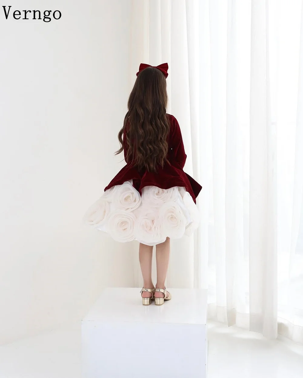 Verngo Burgundy Princess Girl Flowers Dress A Line Full Sleeves  Birthday Party Dress 3D Flower First Communion Dress Customized