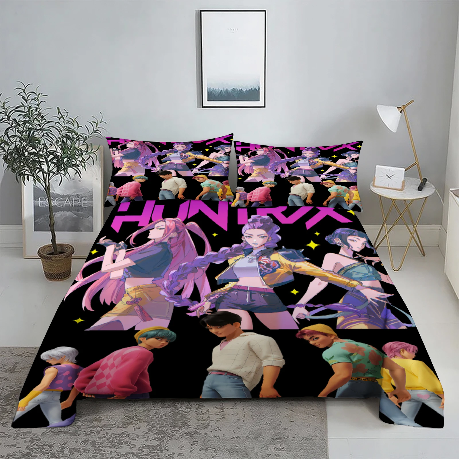 Huntrix، Rumi، Mira D-Demon Hunters K-pop طقم ملاءات سرير مطبوعة ثلاثية الأبعاد ملاءة مسطحة مع كيس وسادة أغطية سرير مقاس كينج كوين