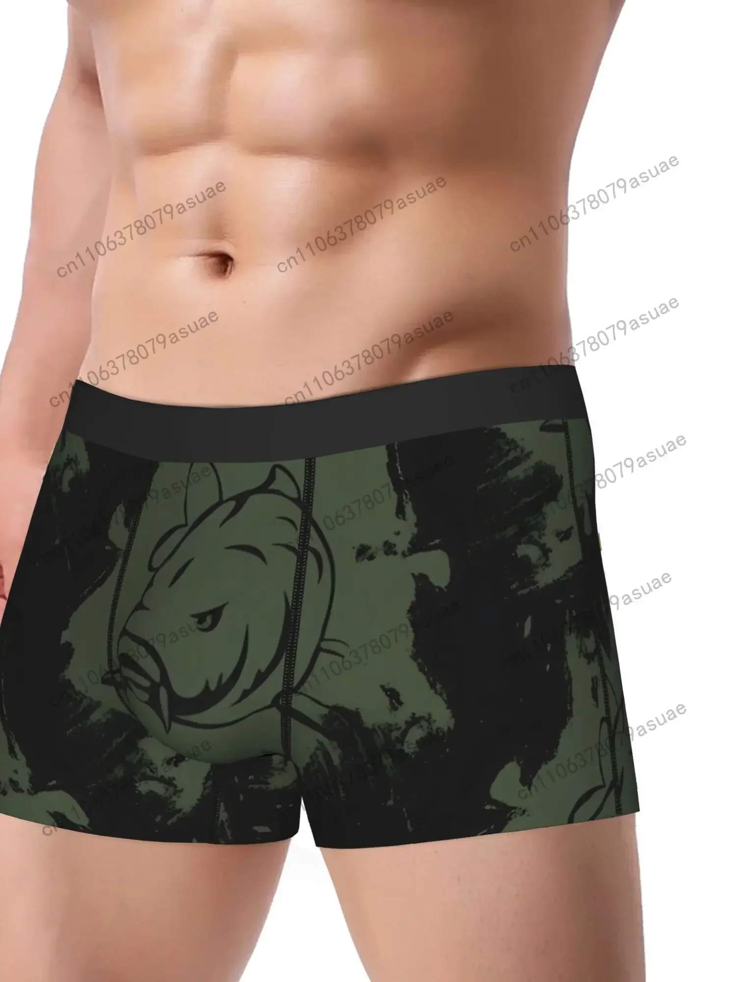 Feeder Carp Fishing Boxer Briefs Black Green Graphic Print, Medium Stretch Polyester Underwear for Men, Unique Angle Black