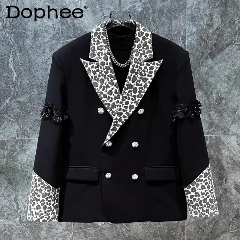 

2026 Spring New Double-breasted Tailored Coats Leopard Print Splicing Blazers Light Luxury High-end Stylish Men's Suit Jackets