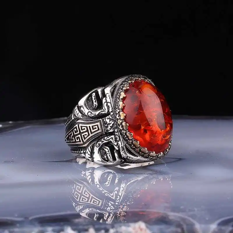 ​Silver Amber Stone Oval Men's Ring - 925 Sterling Men's Jewelry Wedding Birthday Gift - Box - Amber Stone - For Man - Fashion - Botiva - Size - Turkish - Patterned Embroidery