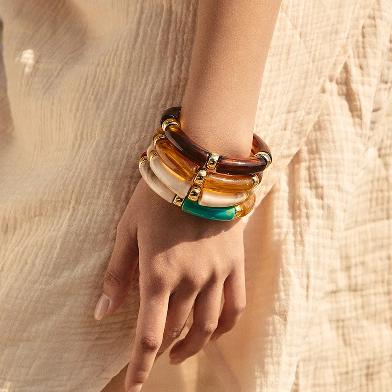 

Bohomia Colorful Bamboo Tube Stackable Acrylic Beads Bracelet for Women Vintage Stretchy Resin Charm Bangle Party Jewelry Gifts