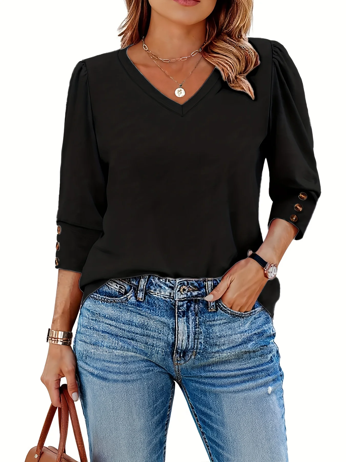 

Женская блузка больших размеров с v-образным вырезом и рукавами на пуговицах Элегантный повседневный топ Удобный стильный универсальный Идеально подходит для повседневной носки и специально