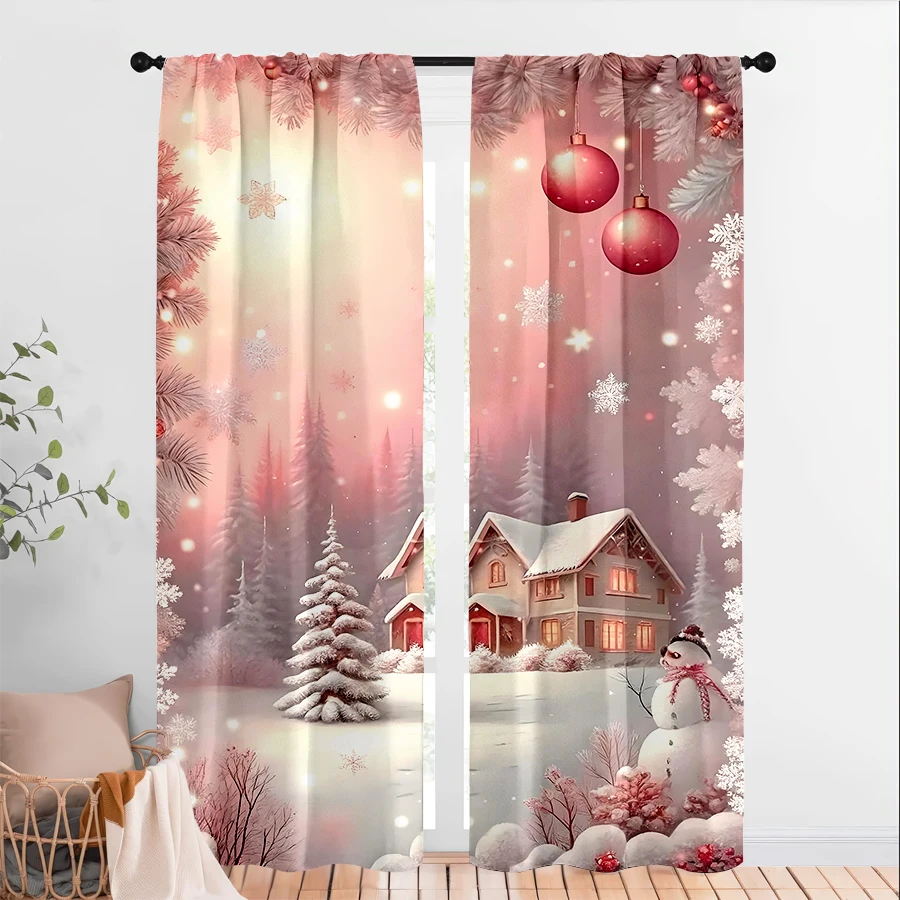 2PCS Christmas Winter Curtains, Snowy Cabin Scene, Digital Print, Bedroom Living Room, Rod Pocket, Polyester, Home Decor