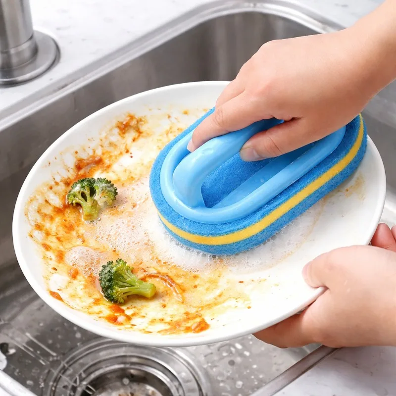 Household Cleaning Brush with Handle Dish Soap Bathroom Kitchen Tub Thicken Scrubbing Sponge Wipe Durable Tools Accessories Home view 2