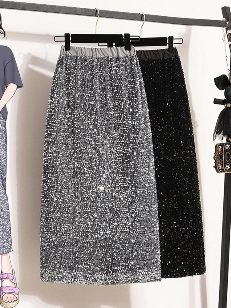 Shiny Sequin High Waist Midi Skirt Women's plus Size Summer New Style Korean Style Straight Cut Slimming Skirt