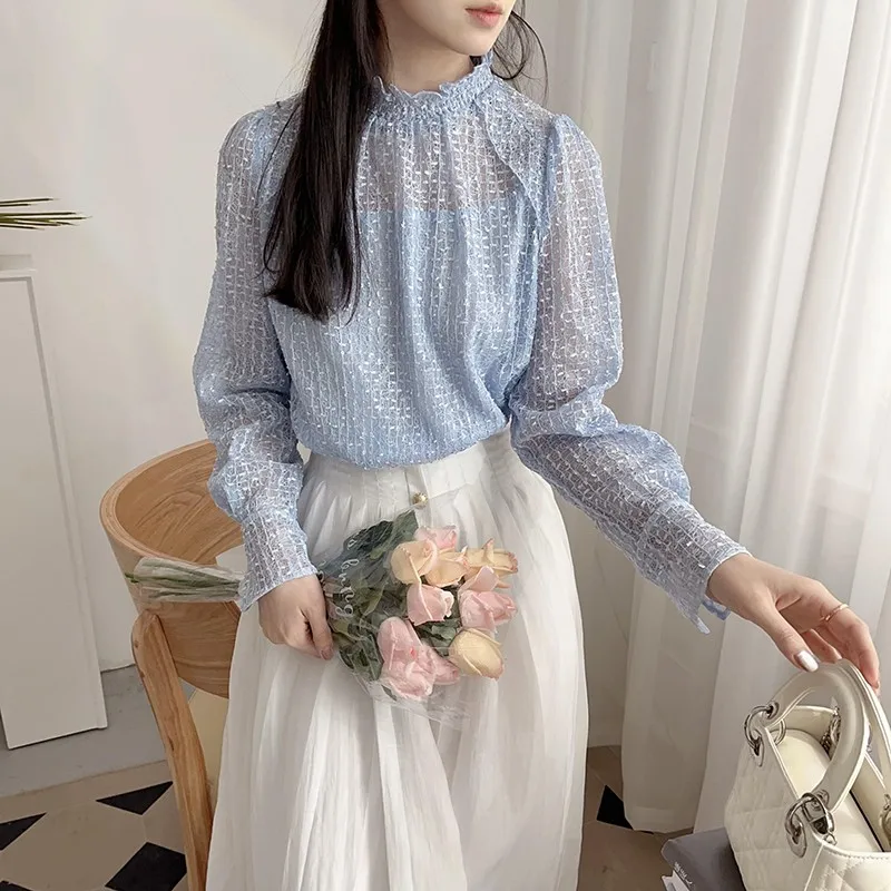 

Романтическая женская рубашка с кружевными вставками и вырезами, с воротником, прямого кроя, с длинными рукавами, из полиэфирного волокна, повседневная