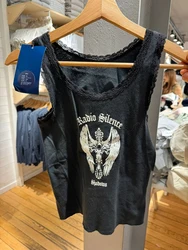 Cross Print Graphic Tank Top Woman Sleeveless Lace Trim Cotton Casual Camisole American Vintage Streetwear Y2k Crop Tops Clothes
