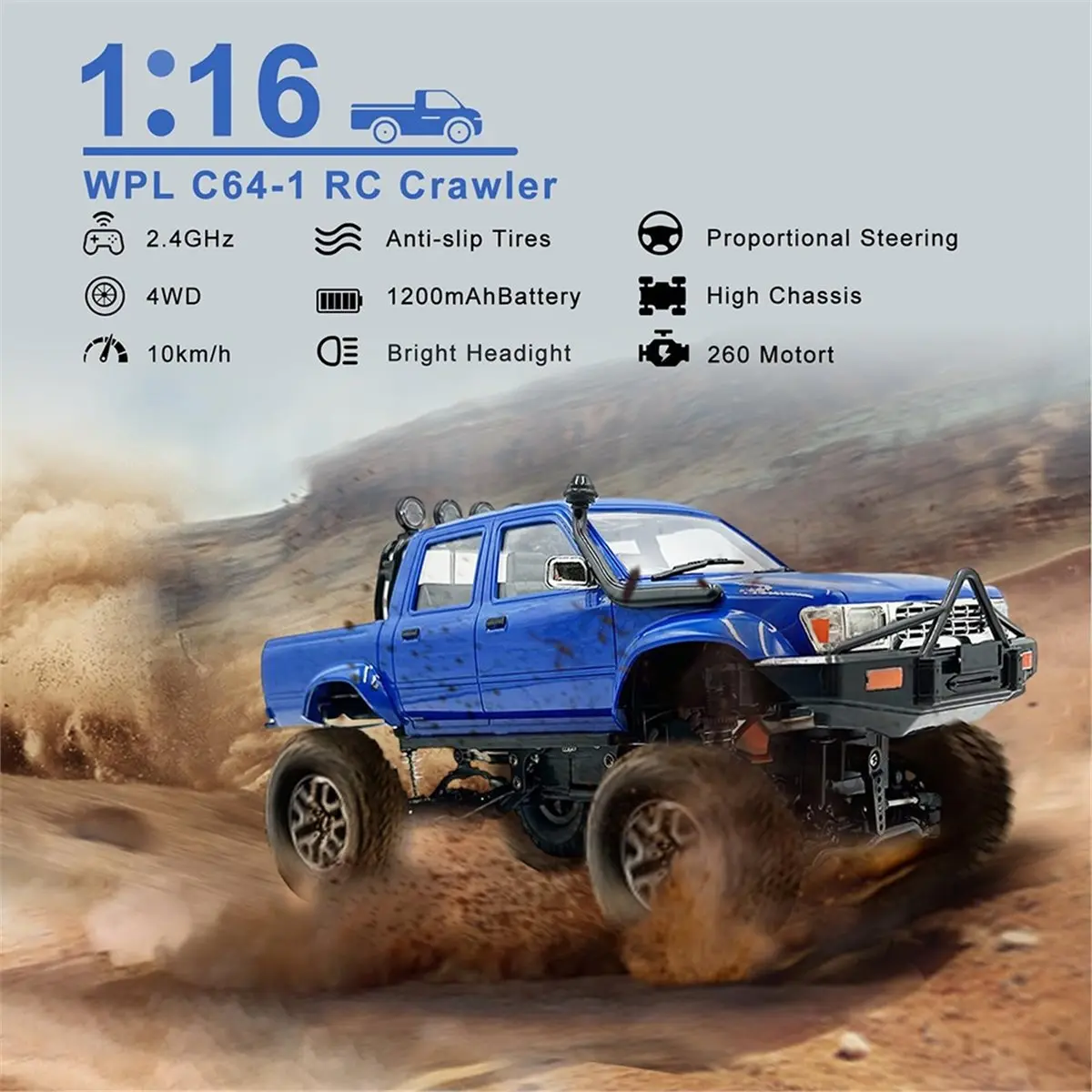 B21B WPL C64-1 RC Car 1:16 2.4G 4WD Remote Control Pick-Up Truck Controllable LED Light Electric Toy Off-Road Vehicle Blue