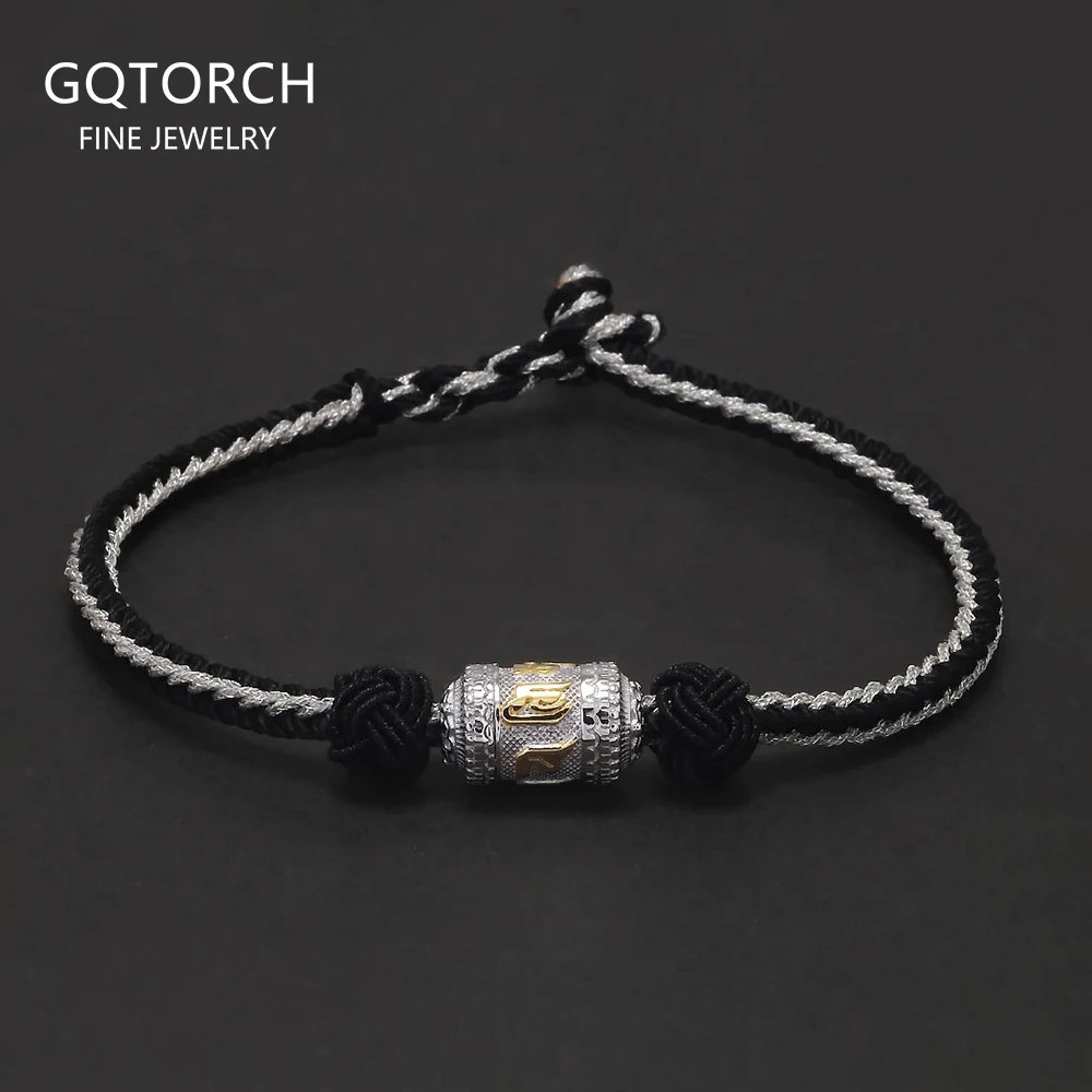 925 Sterling Silver Six Words Tube Charm Bracelet for Men Women Handwoven Rope Braided String Retro Buddhist Talisman Jewelry