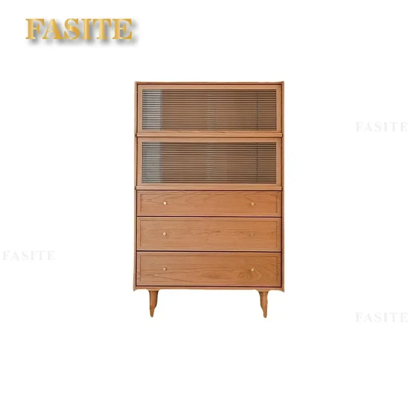 Nordic Solid Wood Sideboard Cabinet Cherry Finish Storage Cupboard for Living Room Dining Kitchen Sofa End Console Table