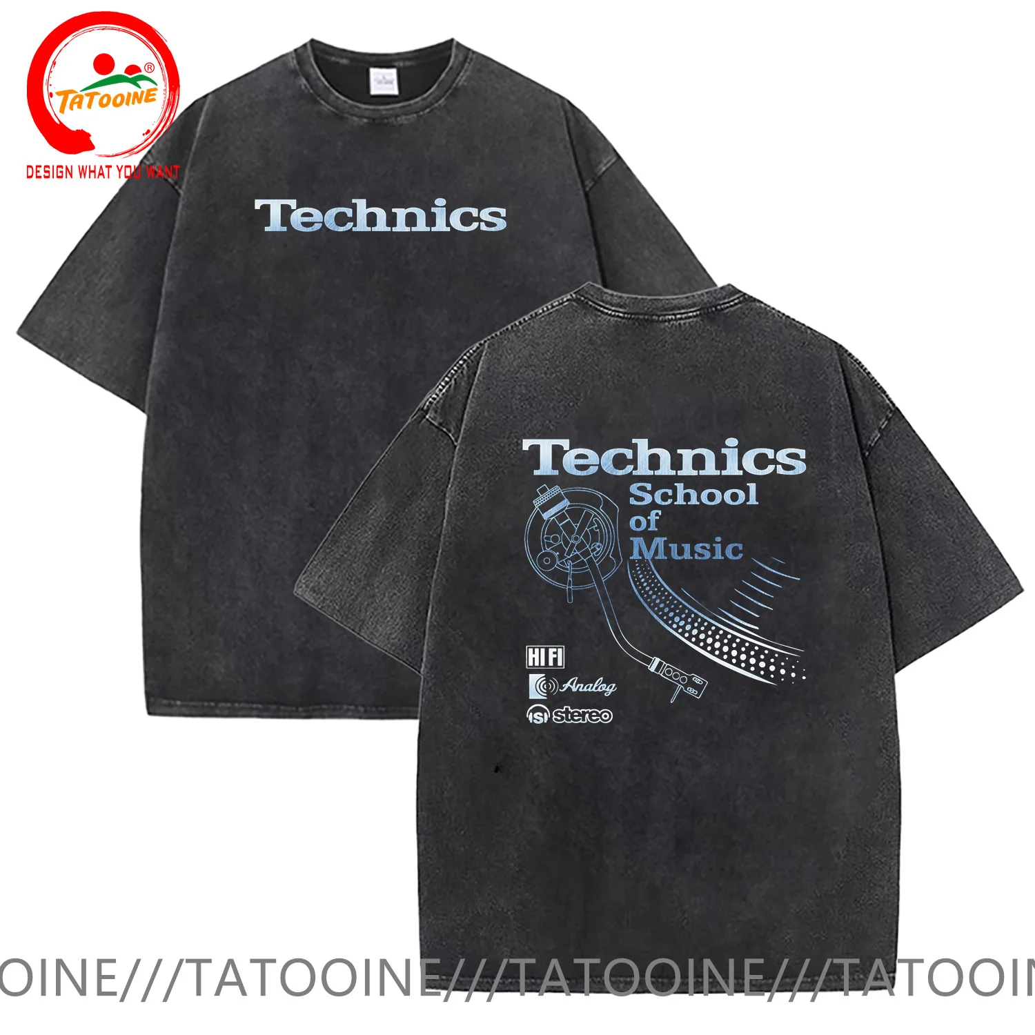 Vintage Washed Cotton T-Shirt Deejay Shirt Long Play Technics School of Music DJ Music T Shirt Women Men Cool Streetwear TShirt