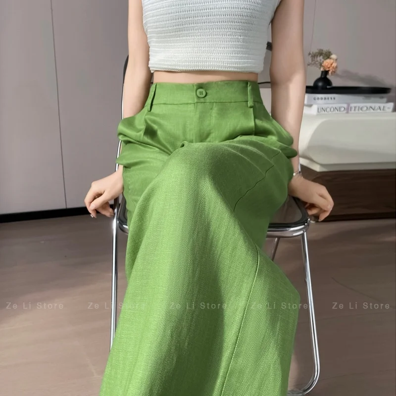 High Waist Linen Wide Leg Pants Ice Silk Women's Summer New Style Casual Pants High Waist Sun Protection Floor-Length