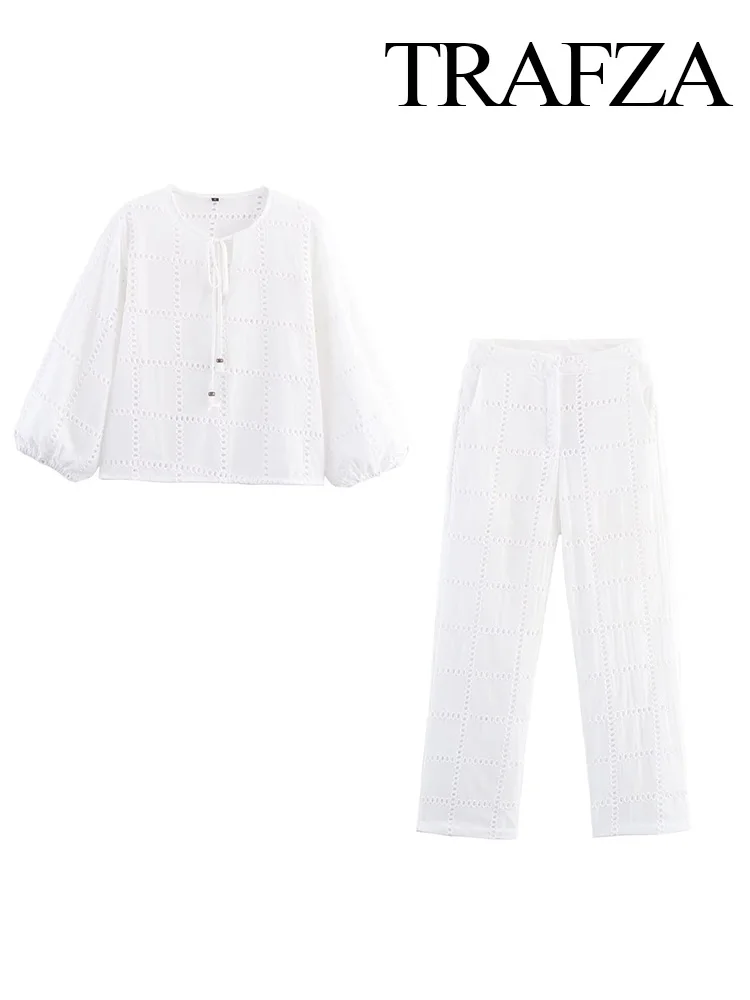 

TRAFZA Women Elegant Embroidery White Solid 2-Piece Set Hollowing Out Long Sleeve Shirt+Slim Zipper High Waist Pocket Pants