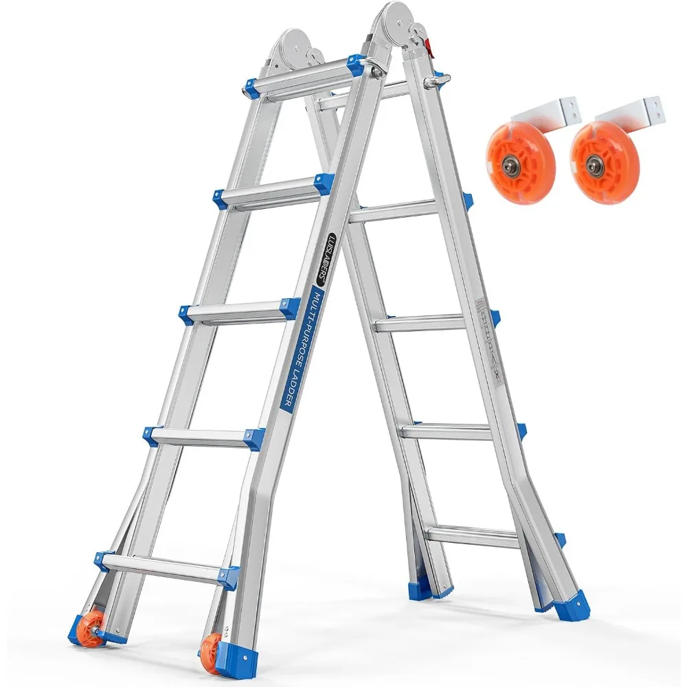 Ladder, A Frame 5 Step Ladder Telescoping Ladder, 19 Ft Reach Height Muti Position Folding Ladder Flared Leg