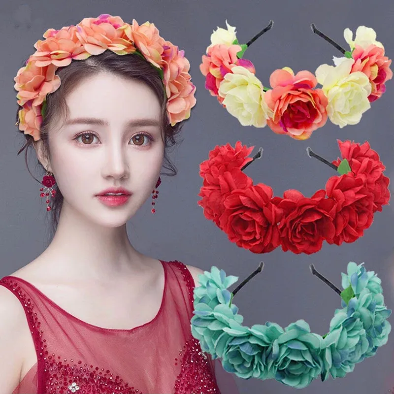 Bright Red Rose Flower Garland Corolla Hair Accessory For Women