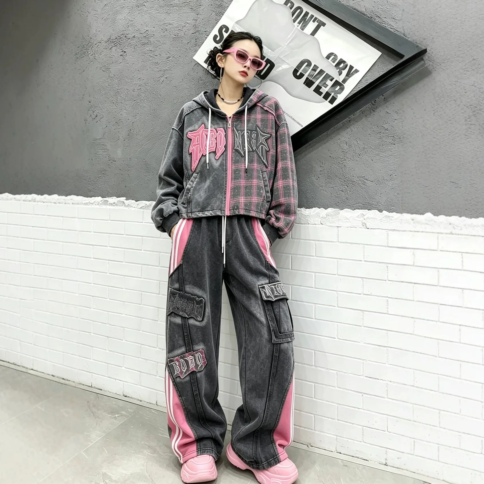 High Street 2026 New Autumn Colorblock Plaid Embroidery Letters Hooded Jacket All-match Elastic Waist Loose Straight Pants