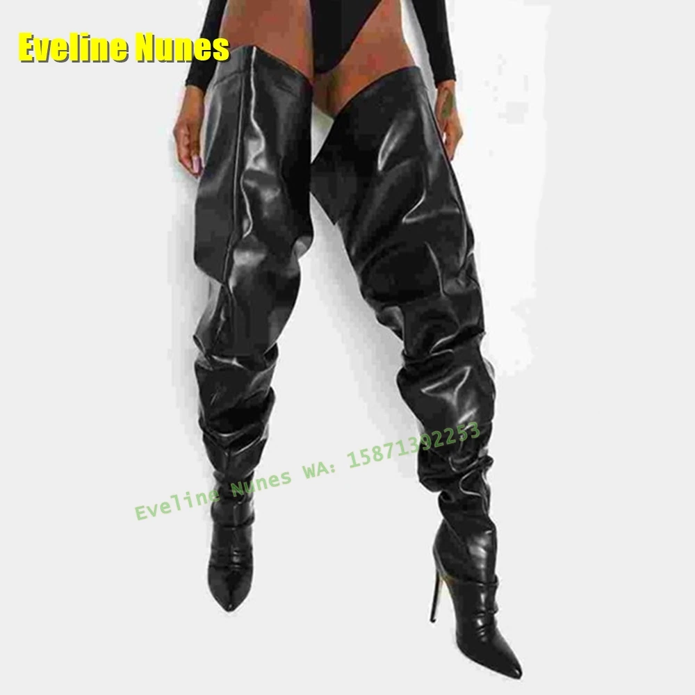 Slouchy Flared Opening Long Boots Pointed Toe Stiletto Ruched Detail Women Sexy Wide Fit Leggy Over The Knee Boots Streetwear