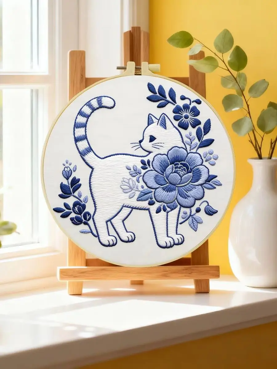 1 Stück 20X20CM/15X15CM 7,87/6,3 Zoll Katzen-Stickerei-Starter-Kit DIY-Kit DIY-Stickerei-Set für Anfänger Nähkunst – Detail 6