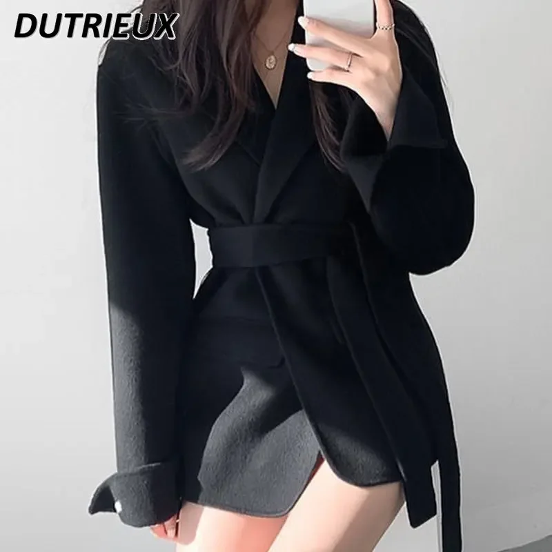 Coreano Chic otoño temperamento Blazer chaqueta con cuello diseño de bolsillo con cordones cintura fina abrigo de lana de manga larga para mujer