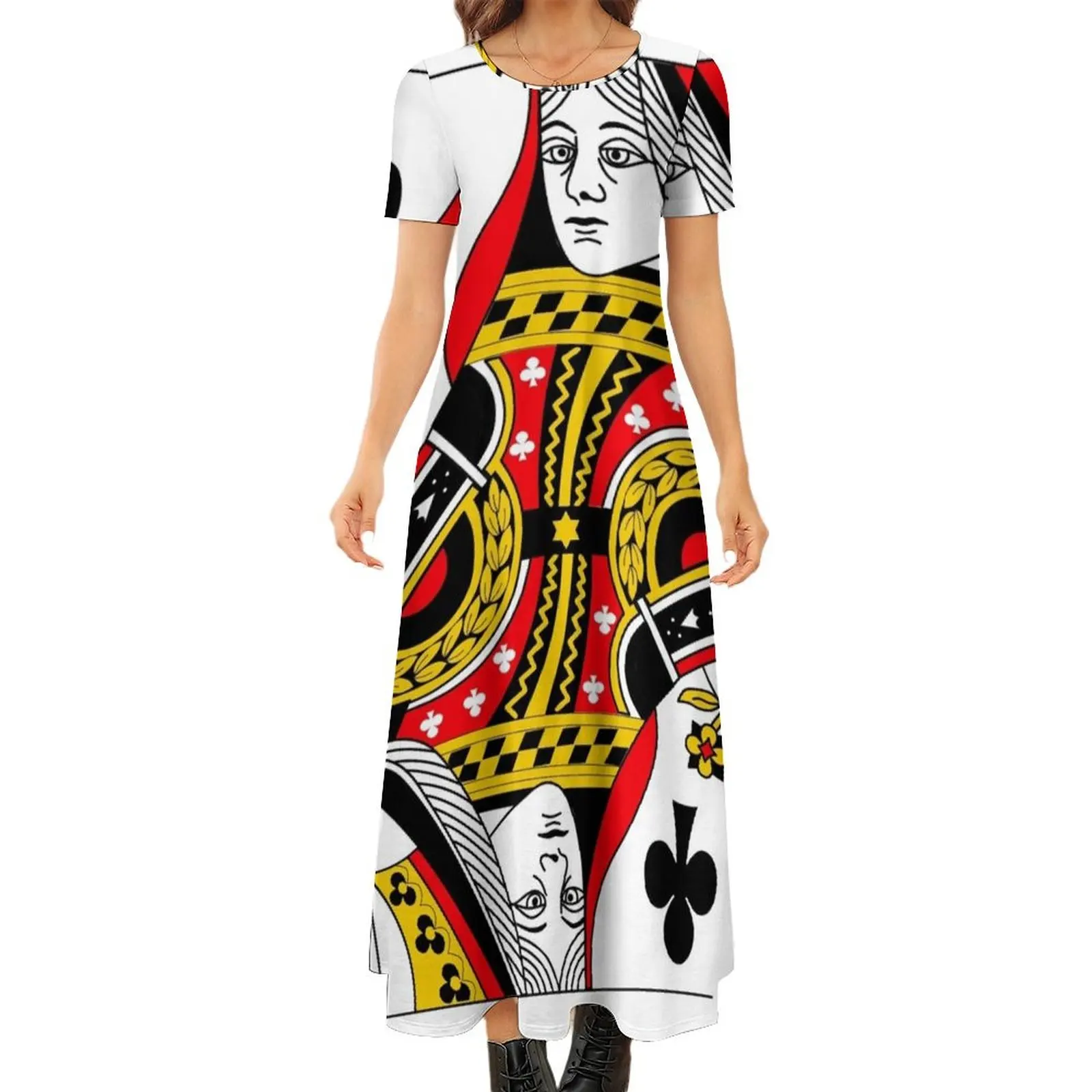 

Queen of Clubs Classic Card Deck Casino Poker Q Clubs Round Neck Short Sleeve Dress elegant dress