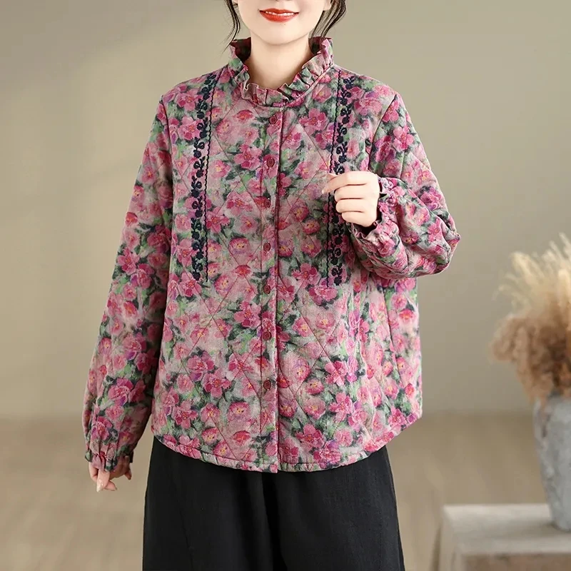 

Женская хлопковая куртка с кружевным воротником-стойкой и цветочным принтом в стиле ретро, зимнее, модное и стильное, легкое стеганое пальто с длинными рукавами W1476