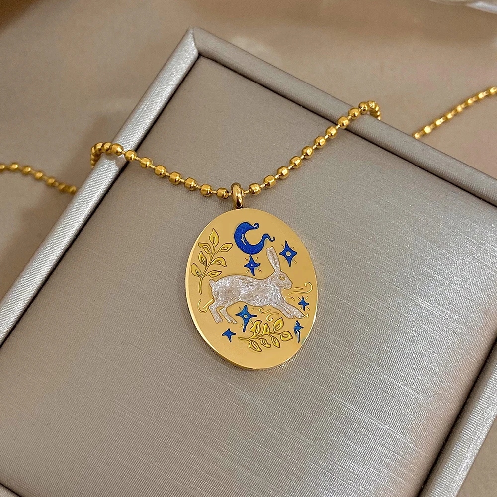 DODOHAO Vintage Enamel Rabbit Engavered Star Moon Geometric Pendant Necklace Stainless Steel Jewelry for Women Painting Necklace