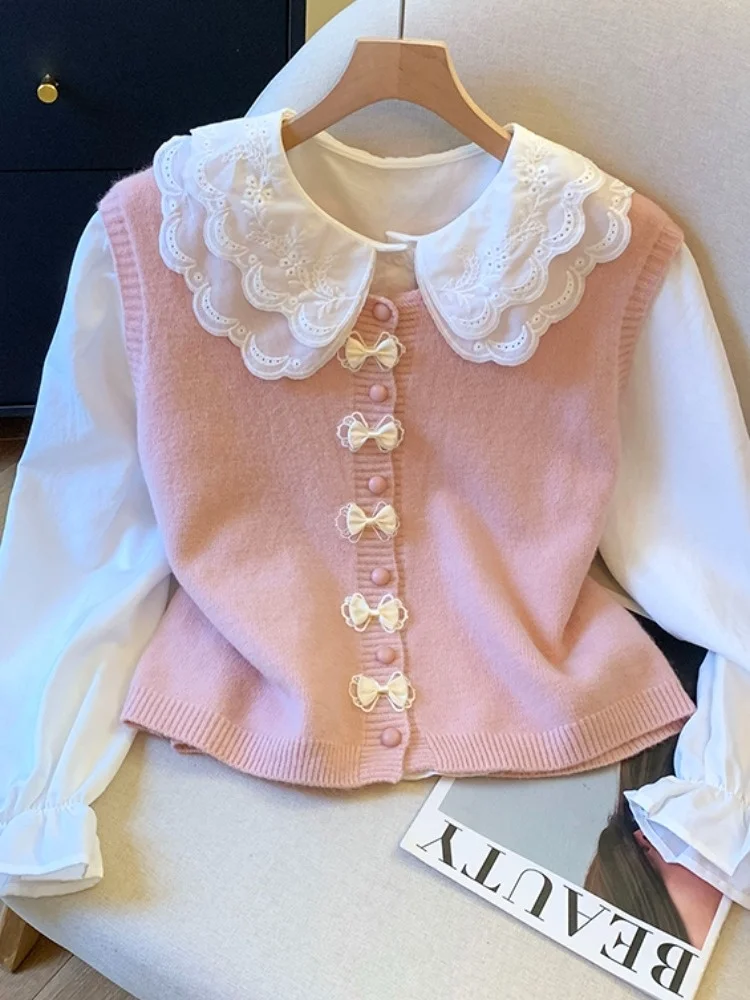 

Autumn New Sle Women's Long Sve Knitted irt with Doll Collar Two-Piece Set Knot Vest Self-Preserving Design