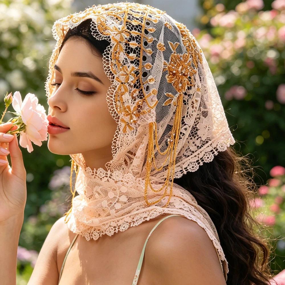 

Luxury Lace Beaded Turban Women Muslim Hijab Islam Tassel Shawls Wrap Wedding Party Headscarf Bandanas Headband Scarves Turbante