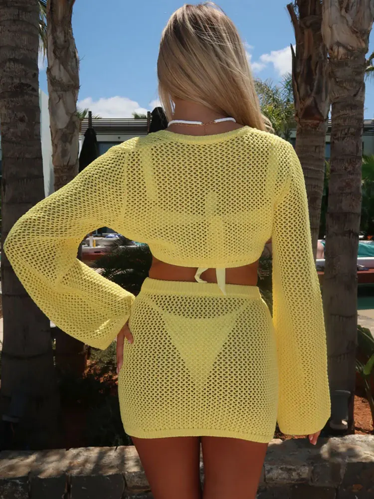 2024 Fashion Lemon Knit Hollow Out Long Sleeves Top Skirts Set Women\'s Chic Beachwear Women Holiday Casual 2 Pieces Set S21